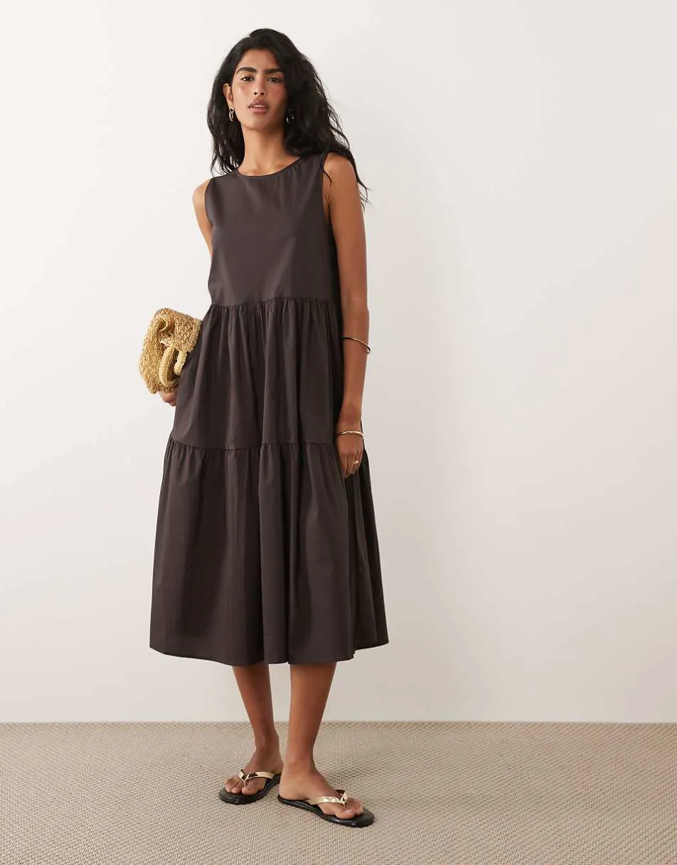 JDY tiered midi dress in brown
