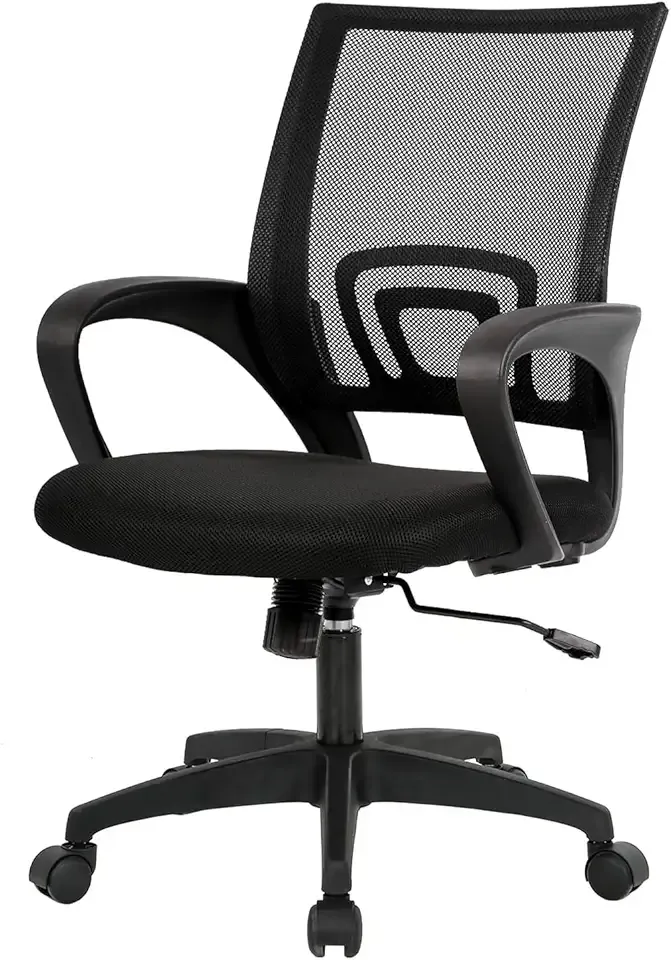 BestOffice | Ergonomic Office Chair | Mid-Back Swivel Desk Chair | Breathable Backrest & Lumbar Support | Adjustable Height | Sponge Seat | Rolling Wheels | Dark Black | for Adults & Women