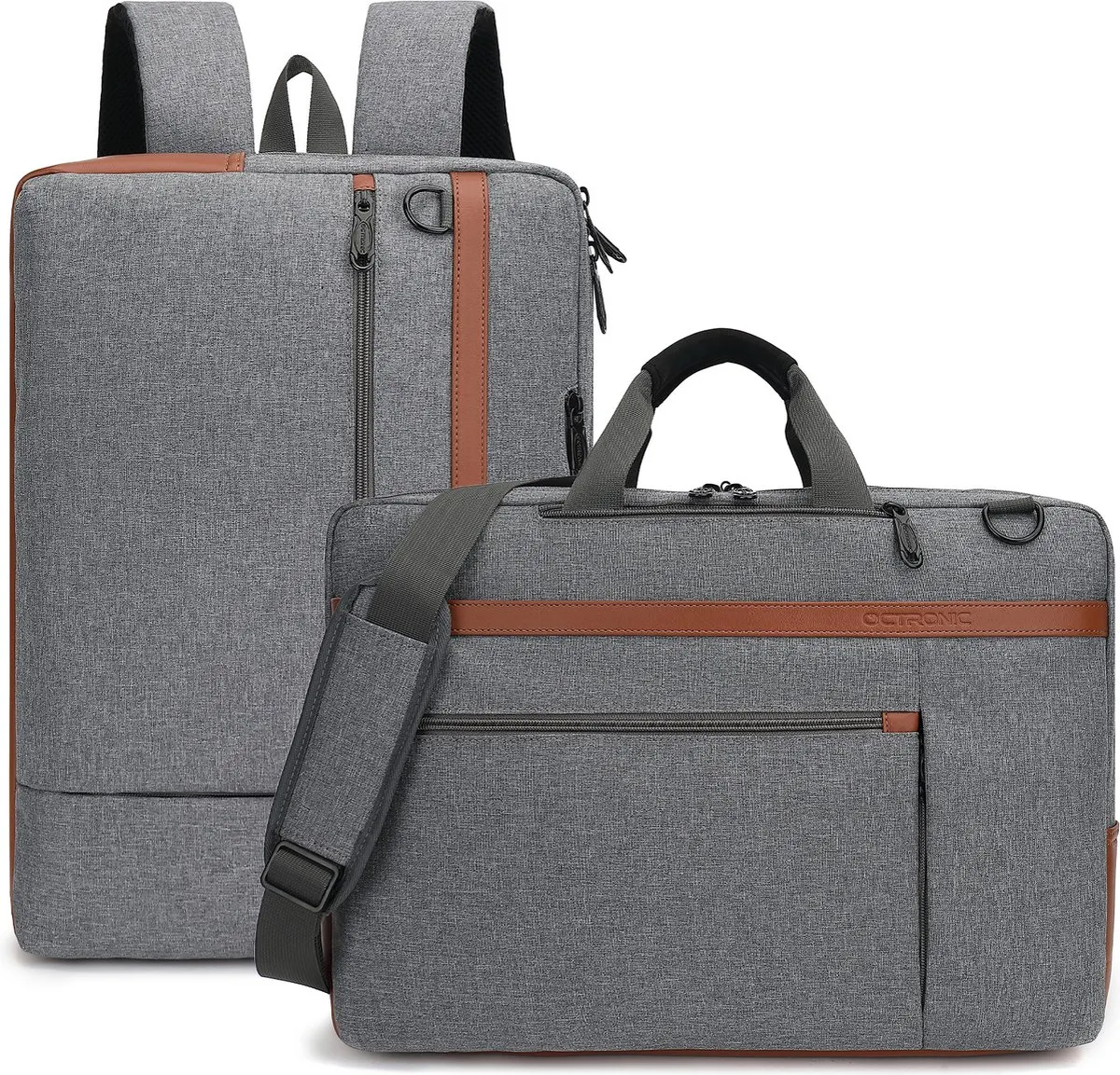 Laptoptas 17,3 Inch - 2 in 1 Laptop Rugzak en Schoudertas - 20 Liter - grijs/bruin