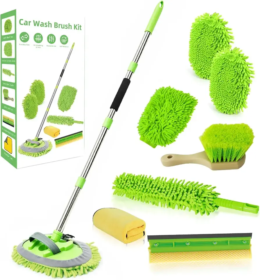 62" Car Wash Brush with Long Handle Chenille Microfiber Car Wash Mop Mitt, Wheel Brush, Windshield Window Squeegee, Car Duster Microfiber Towel, Gloves, for Cleaning Cars, RV, Truck, Boat