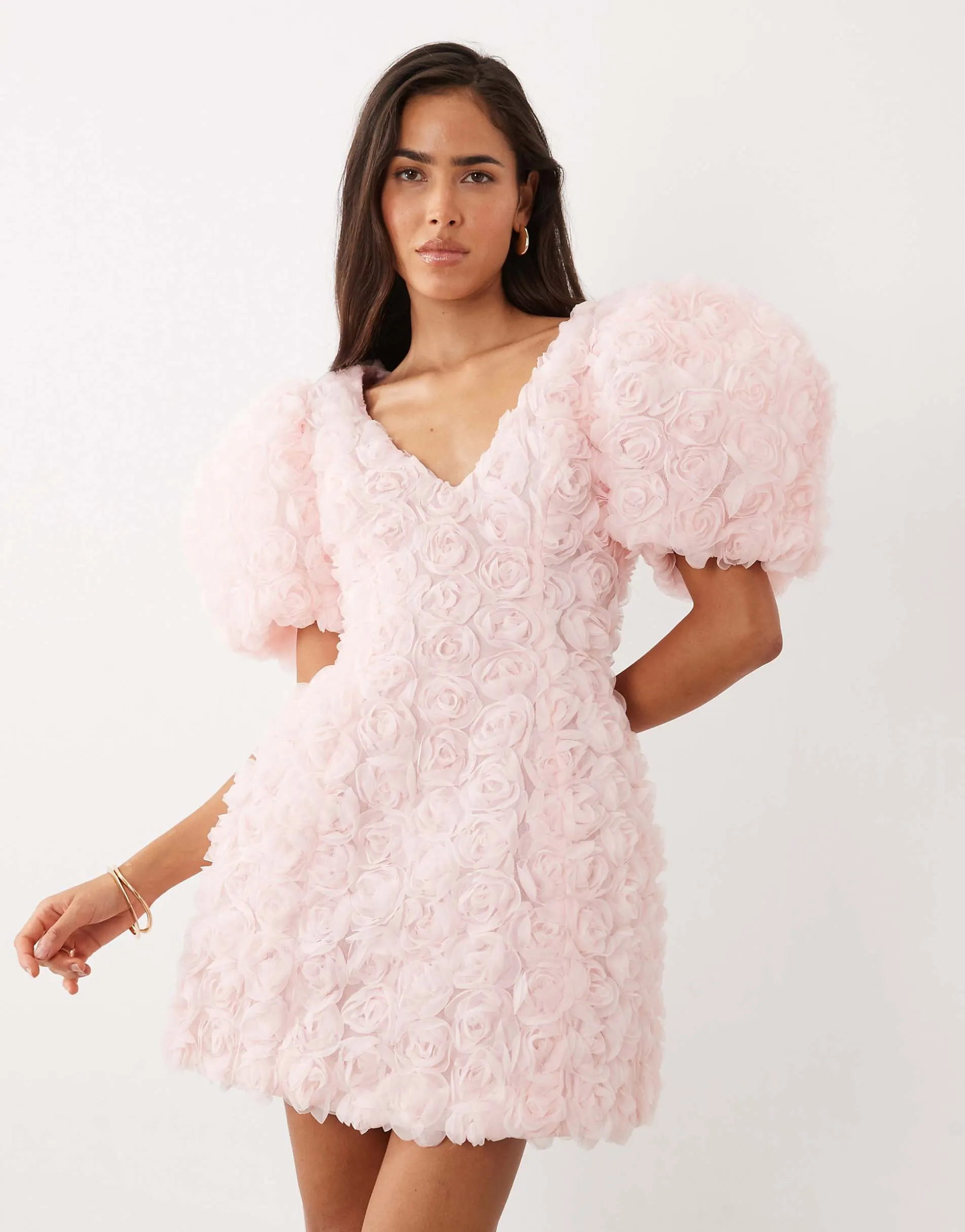 ASOS LUXE 3D floral puff sleeve mini dress in pink