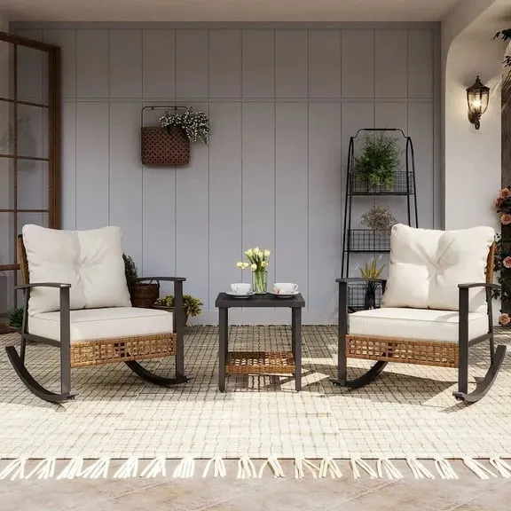 In 1K+ people's carts LAUSAINT HOME 3 Pieces Patio Outdoor Conversation Set with 2-Tier Coffee Table, PE Wicker Rocking Chairs with Beige Cushions $185.24 Was $329.99