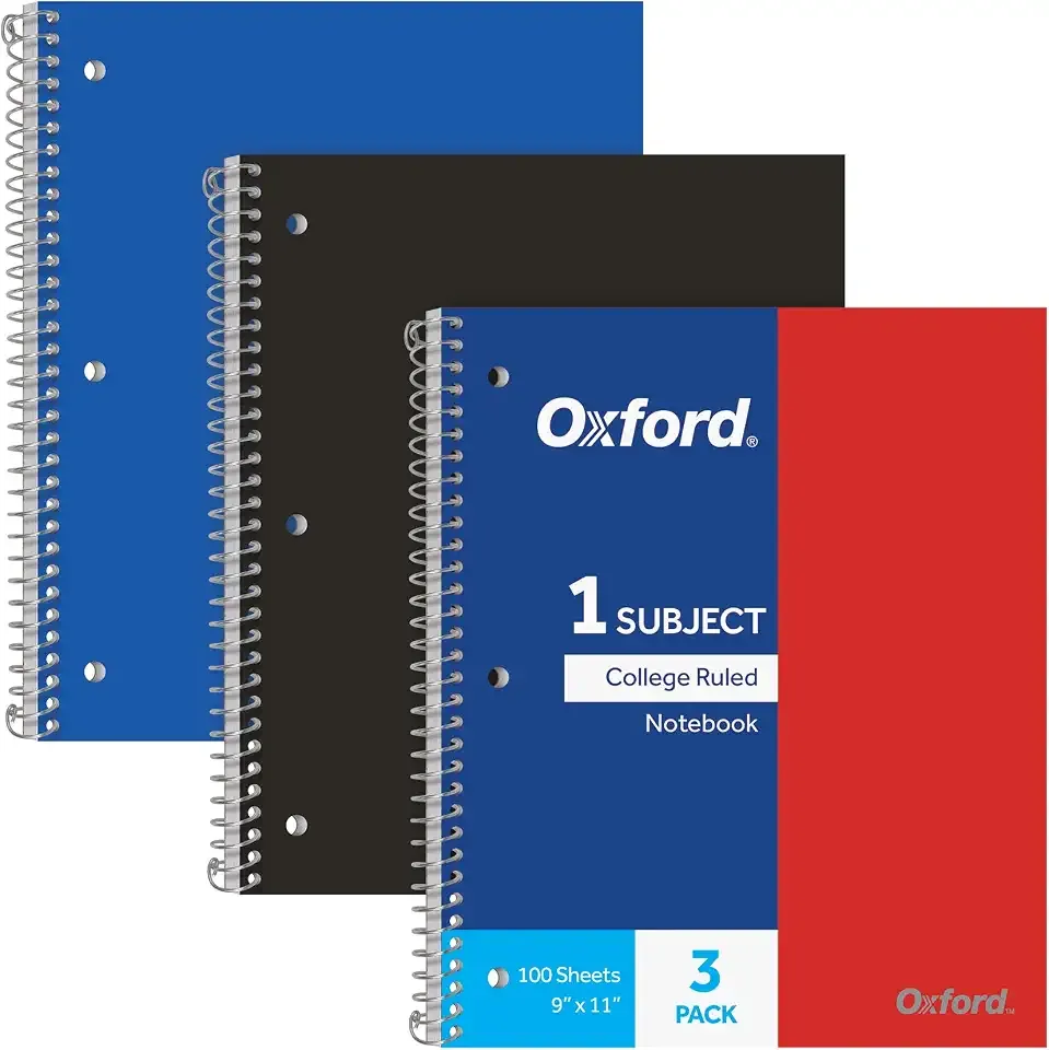 Oxford Spiral Notebooks, 1 Subject, College Ruled Paper, Durable Plastic Cover, 100 Sheets, Durable Divider Pocket, 3-Hole Punch, 3 Pack, Red, Black and Blue (10390)