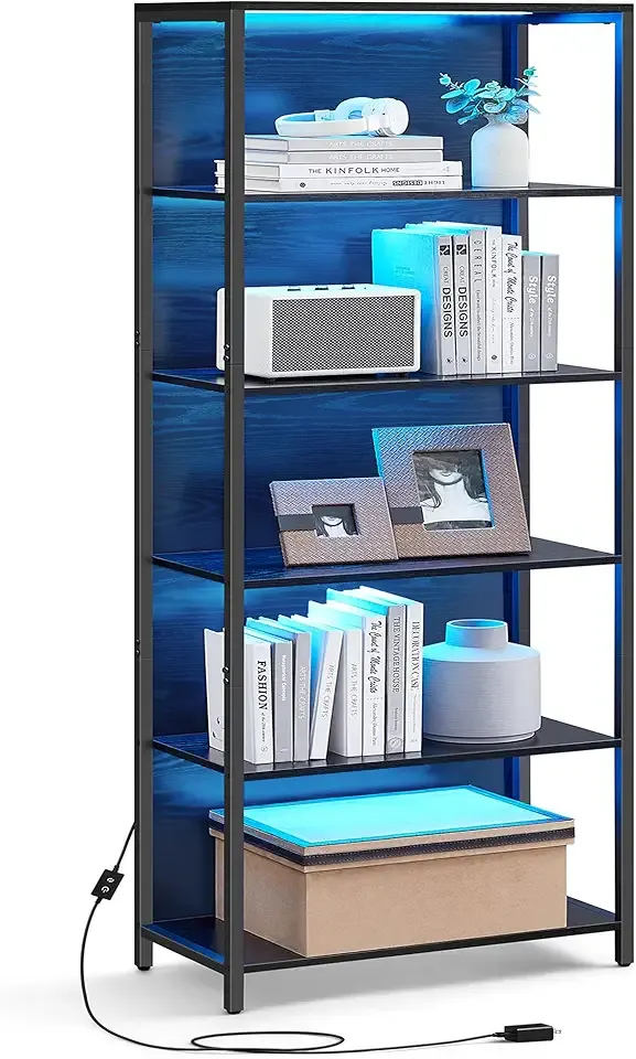 6-Tier LED Bookshelf, Display Shelf with Dimmable Lights, LED Bookcase with Steel Frame, 11.9 x 23.6 x 70.3 Inches, for Living Room, Bedroom, Office, Black with Wood Grain ULLS120B56