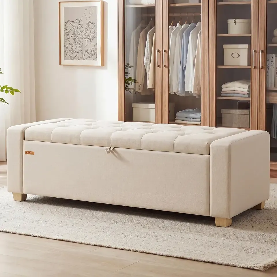 Storage Ottoman, 48 Inches Long Bed End Stool, Solid Wood Legs | Buttons Decoration, Non-Slip Foot Pads, 661.4 lb Load Capacity, Summer Sand, MACEO Collection ULOM511LF01