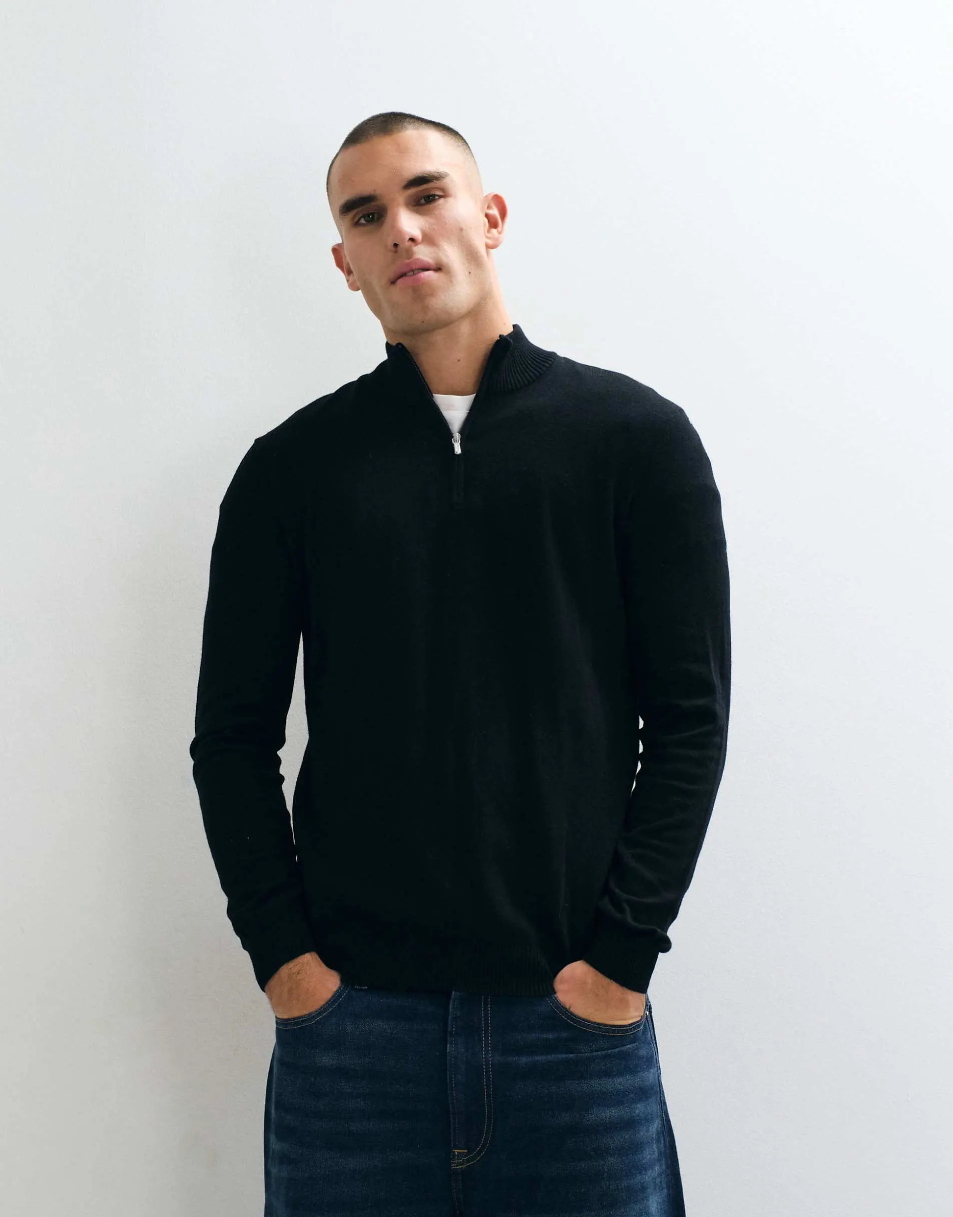 ONLY & SONS 1/4 zip heavy knit jumper in black