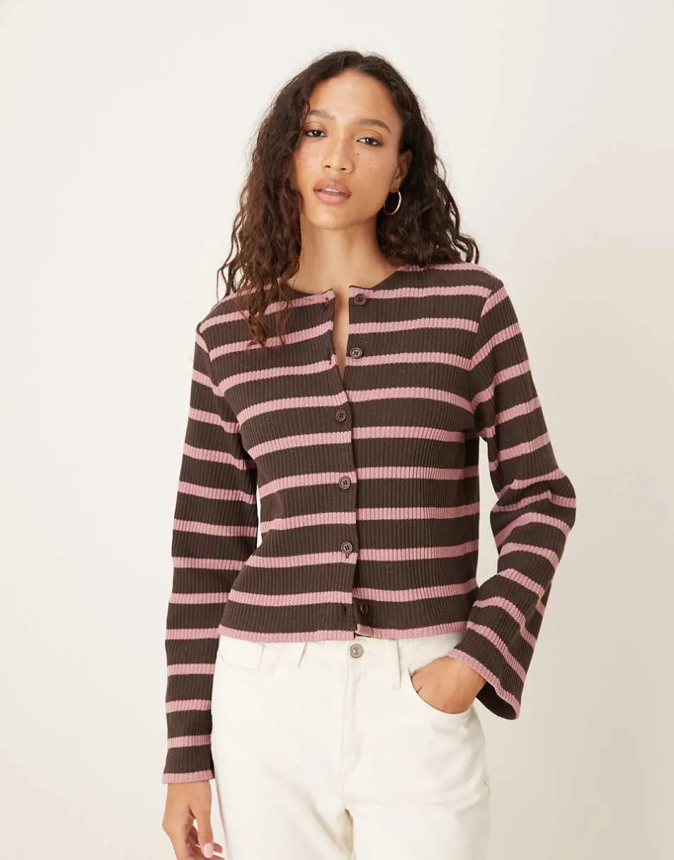 ASOS DESIGN cut and sew stripe button through long sleeve top in brown