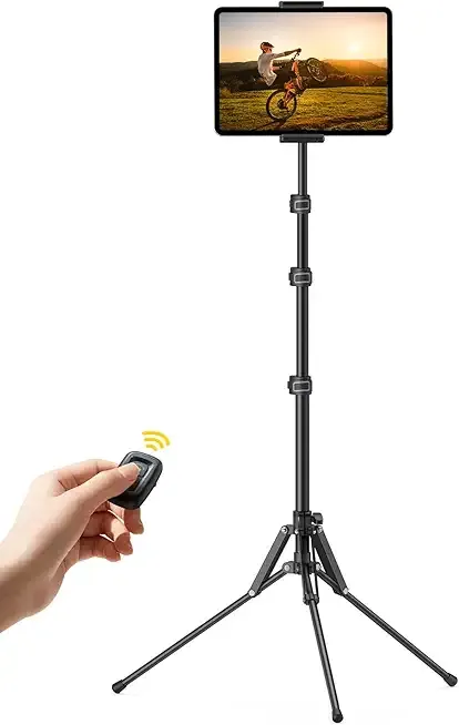 Tablet Floor Tripod Stand - 64.9" Tablet Holder Mount with Adjustable Height for Watching, Bluetooth Remote, for 4.7-13" iPad Pro 12.9 11 10.5 Mini, Air, iPhone, Galaxy Tabs