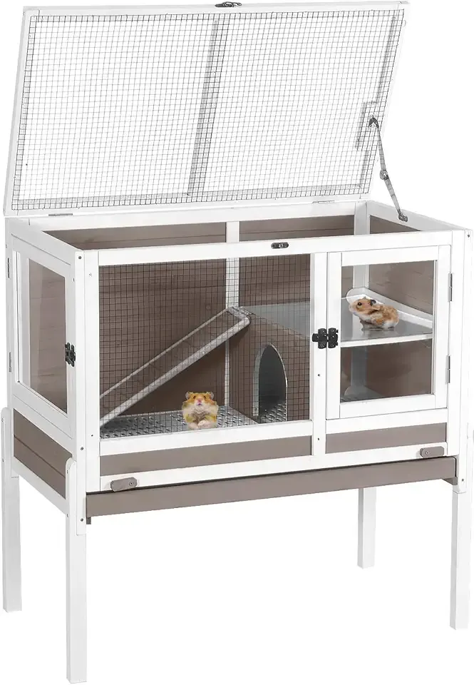 Aivituvin Wooden Guinea Pig Cages Indoor with Removable Stand, Anti Chewing Rabbit Hutch with Ramp and Wire Mesh, 2 Story Small Animals House Habitat with Pull Out Tray (Brown)