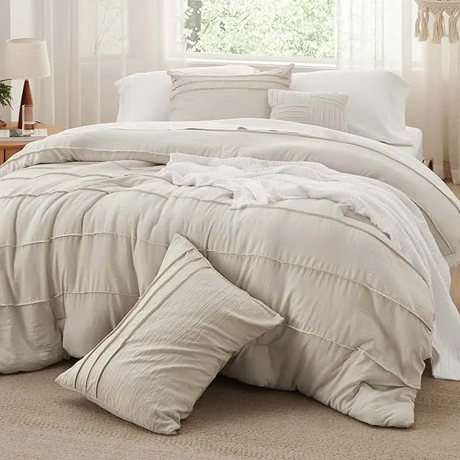 Bedsure Queen Comforter Set - 4 Pieces Pinch Pleat Bed Set, Beige Boho Bedding for All Season, 1 Soft Comforter, 2 Pillowcases, 1 Decorative Pillow