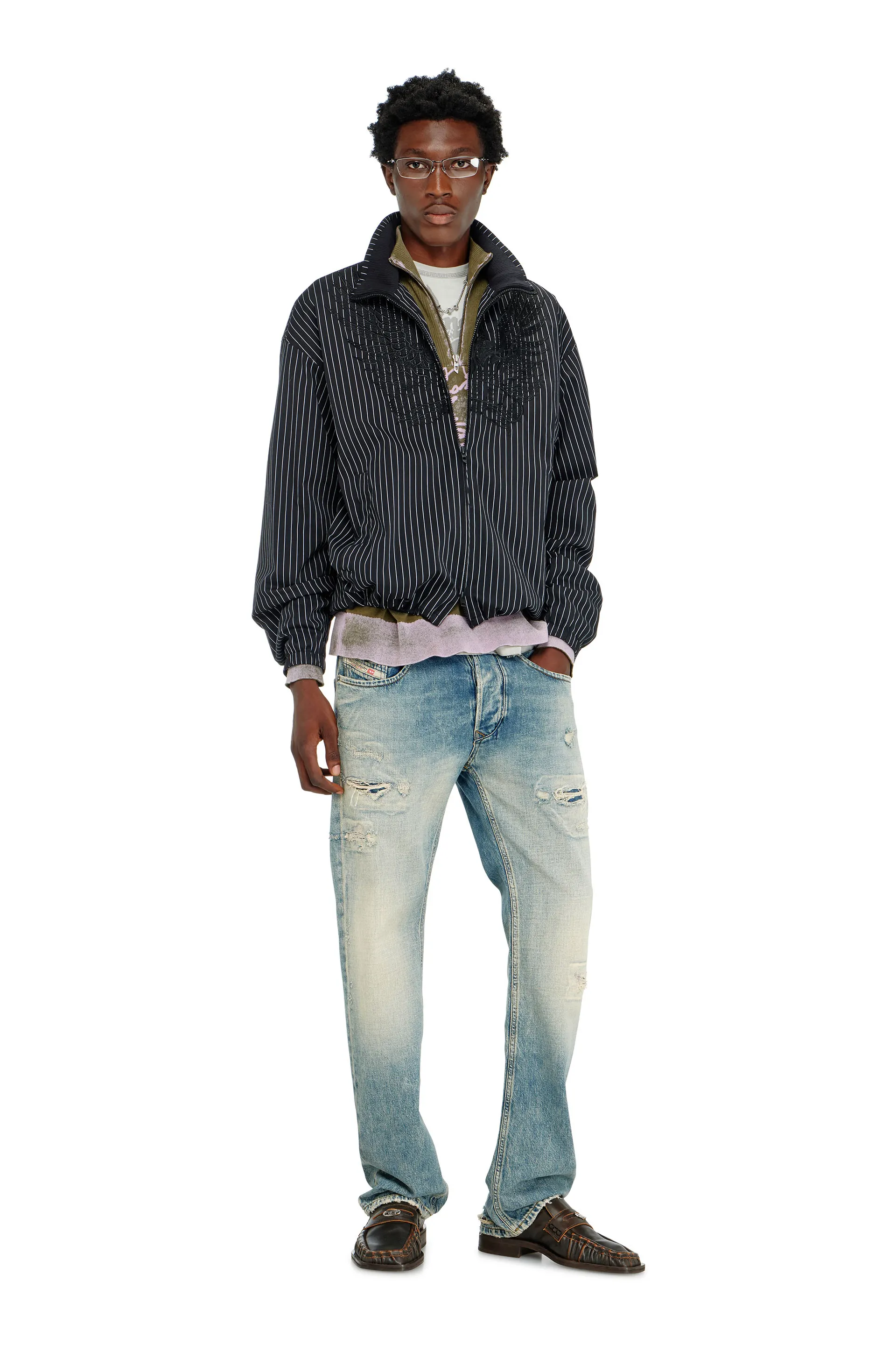 Nylon pinstripe Jacket with Phoenix embroidery