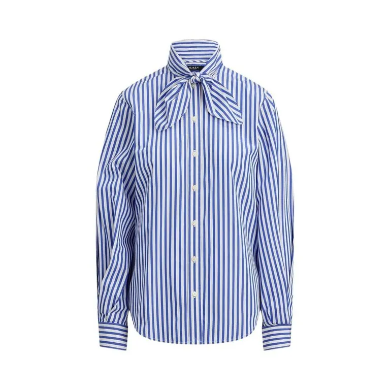 Striped Cotton Broadcloth Tie-Neck Shirt - Blå
