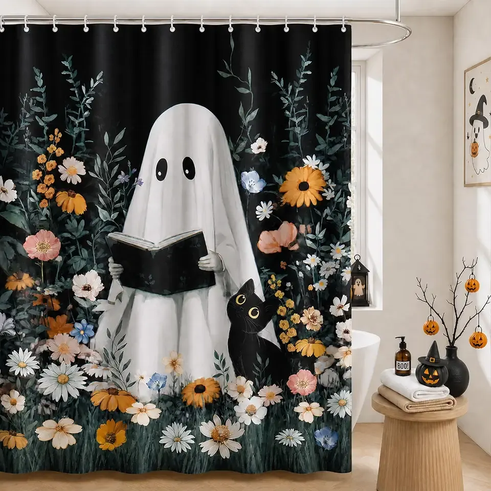 Mocsicka Halloween Shower Curtain – Cute Ghost Waterproof Machine Washable Shower Curtain Black Halloween Bathroom Decor (Black, 71x71inch)