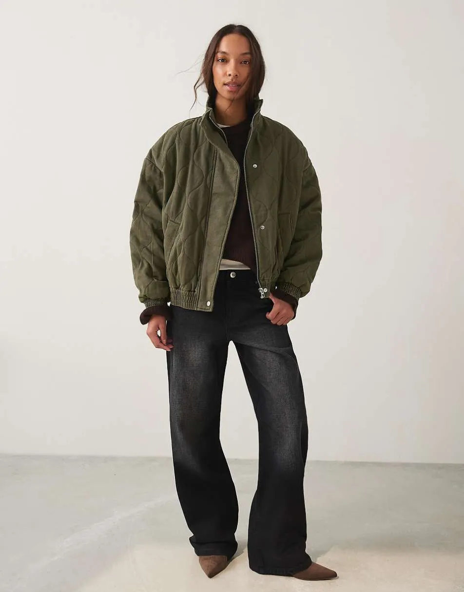 Bershka Cable-knit embroidered jacket in khaki