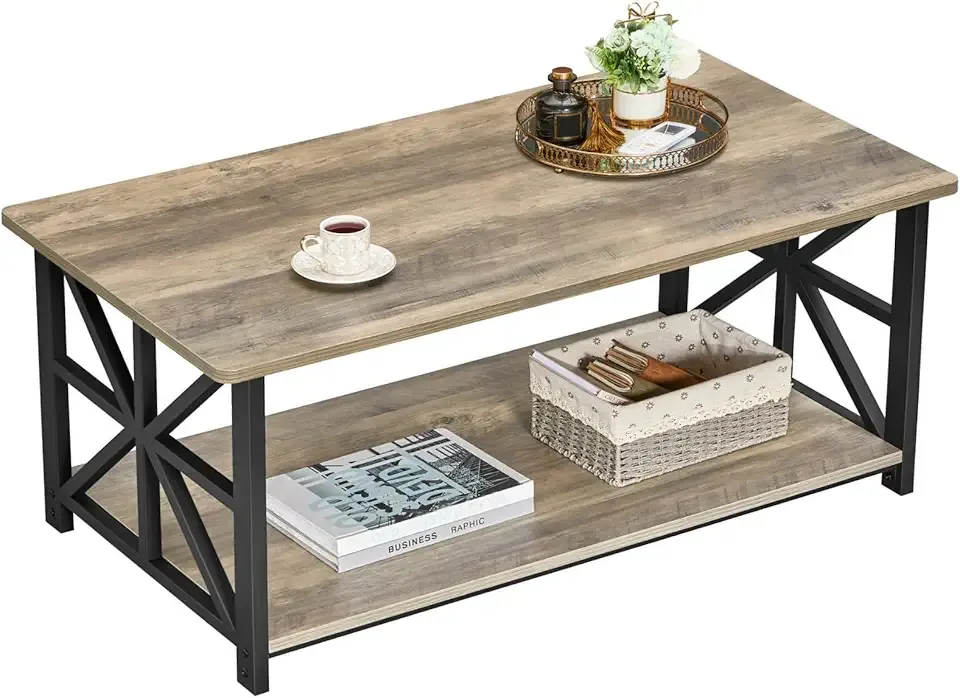 GreenForest Coffee Table for Living Room with Round Corners Farmhouse Style Center Table with Storage Shelf 39 Inch Space Saving Easy Assembly Gray Wash