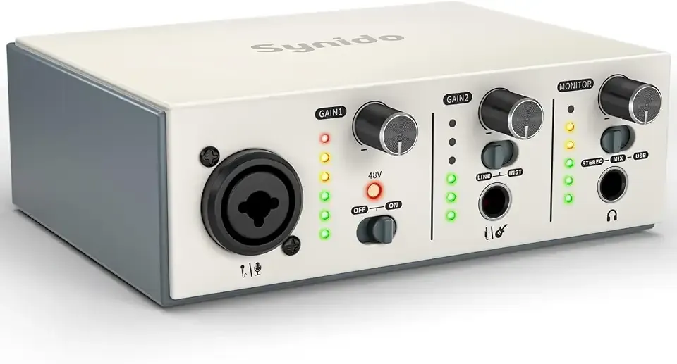 Synido USB C Audio Interface for Recording Music, Streaming, Podcasting with XLR, Line Input, 24bit/48kHz, 48V Phantom Power, 2-channel, Silver