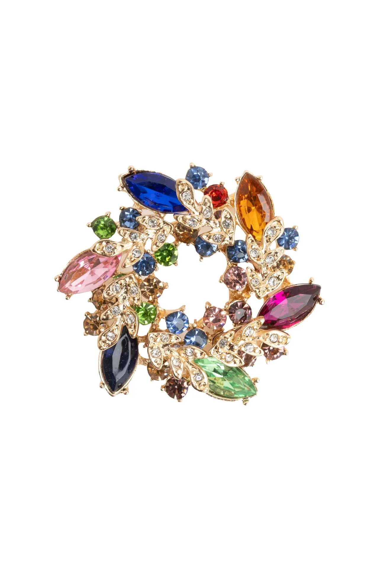 Goudkleurige broche met gekleurde stenen