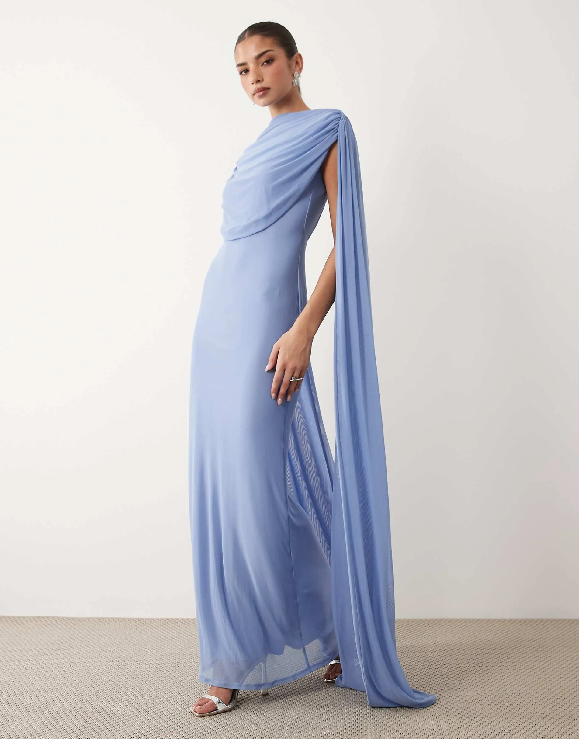 ASOS DESIGN mesh maxi dress with scarf drape detail in blue