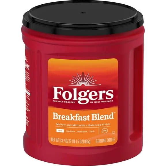 Folgers Breakfast Blend Ground Coffee, Smooth & Mild Coffee, 33.7 oz Canister $22.24 66.0 ¢/oz