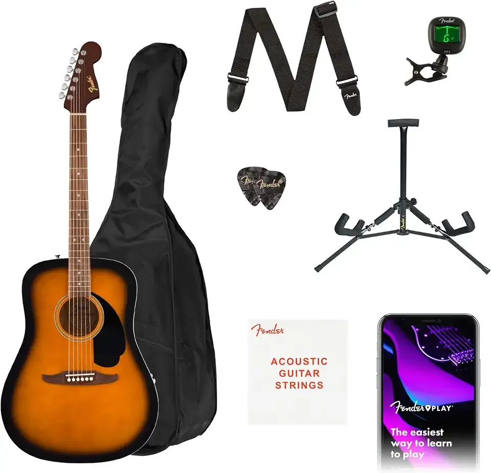 Fender California Debut Redondo Series Acoustic Guitar Pack, Beginner Guitar, 2-Year Warranty, Includes Gig Bag, Stand, and More, 2-Color Sunburst