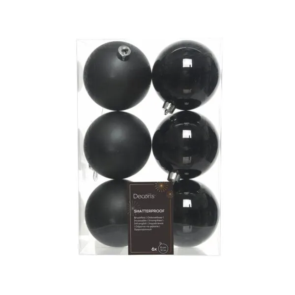 Decoris Zwarte Shatterproof Kerstballen Set van 6 Stuks