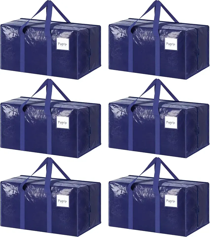 6 Pack Extra Heavy Duty Large Moving Bags with Strong Zipper, Dark Blue | Comfortable Handles, Sturdy & Durable Clothes Storage Bags Totes Bins, Blue Packing Moving Boxes for College Supplies
