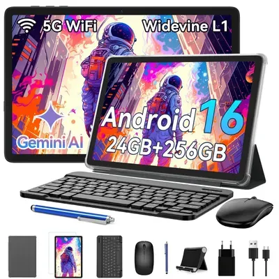 TABWEE T20 Android 16 Tablet 10.1 Zoll, 24GB(8+16 Berweiterbar) RAM+256GB ROM(2TB TF) mit Zubehör Tablet-PC, Widevine L1, 5G WiFi, Gemini Al Magic