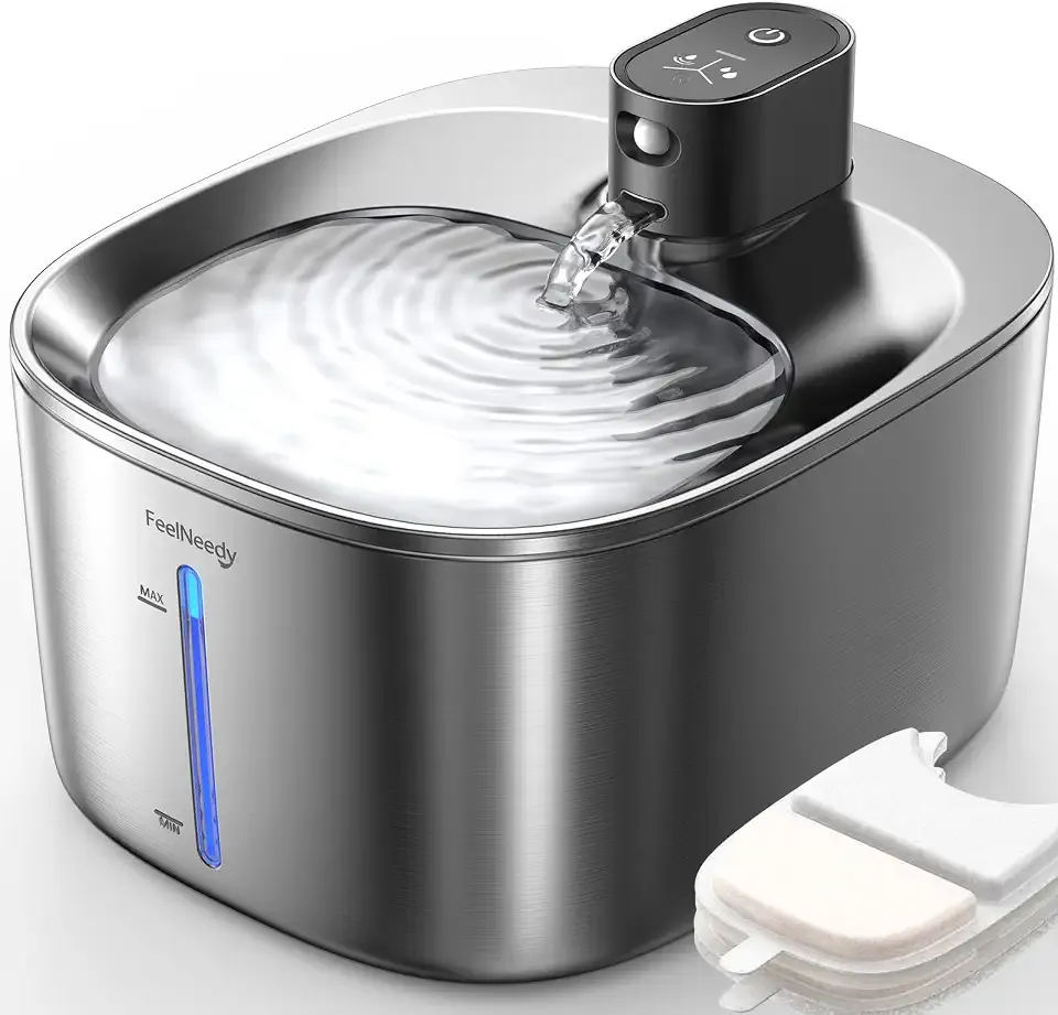 FEELNEEDY Wireless Cat Water Fountain Stainless Steel with Sensor, 4000mAh Battery Operated, 4L/135fl oz Pet Water Fountain for Cats Dogs, Ultra Quiet Cat Drinking Fountain with 2 Filters (YPD-C004S)