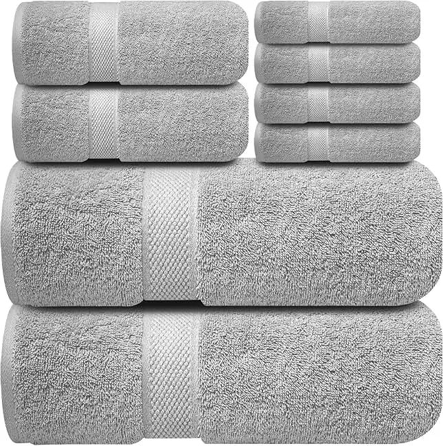 Infinitee Xclusives Luxury 100% Cotton Towel Set – 8 Piece Bathroom Towel Set (2 Bath Towels, 2 Hand Towels, 4 Washcloths) – Soft & Absorbent Towels for Bathroom (Charming Grey)