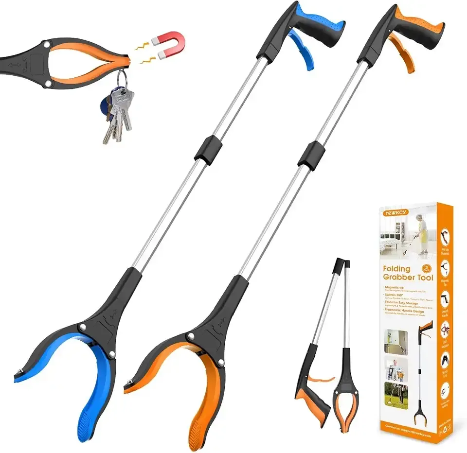 32" Grabber Reacher Tool, 2-Pack Foldable Reacher Grabber Pickup Tool with 360° Rotating Jaw & Magnet, Trash Picker Upper Grabber, Lightweight Grabbers for Seniors Heavy Duty