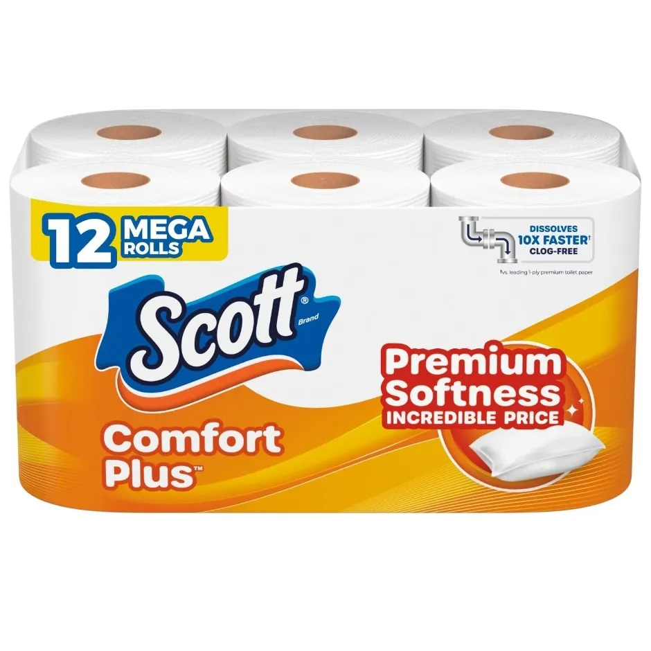 Scott ComfortPlus Toilet Paper, 12 Mega Rolls, 310 Sheets per Roll, Septic-Safe, 1-Ply Toilet Tissue