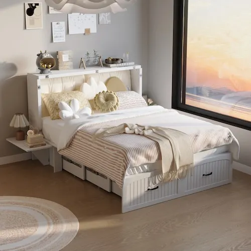 White Wood Full Size Murphy Bed Chest with Storage Drawers, 2-Bedside Panels and Casters