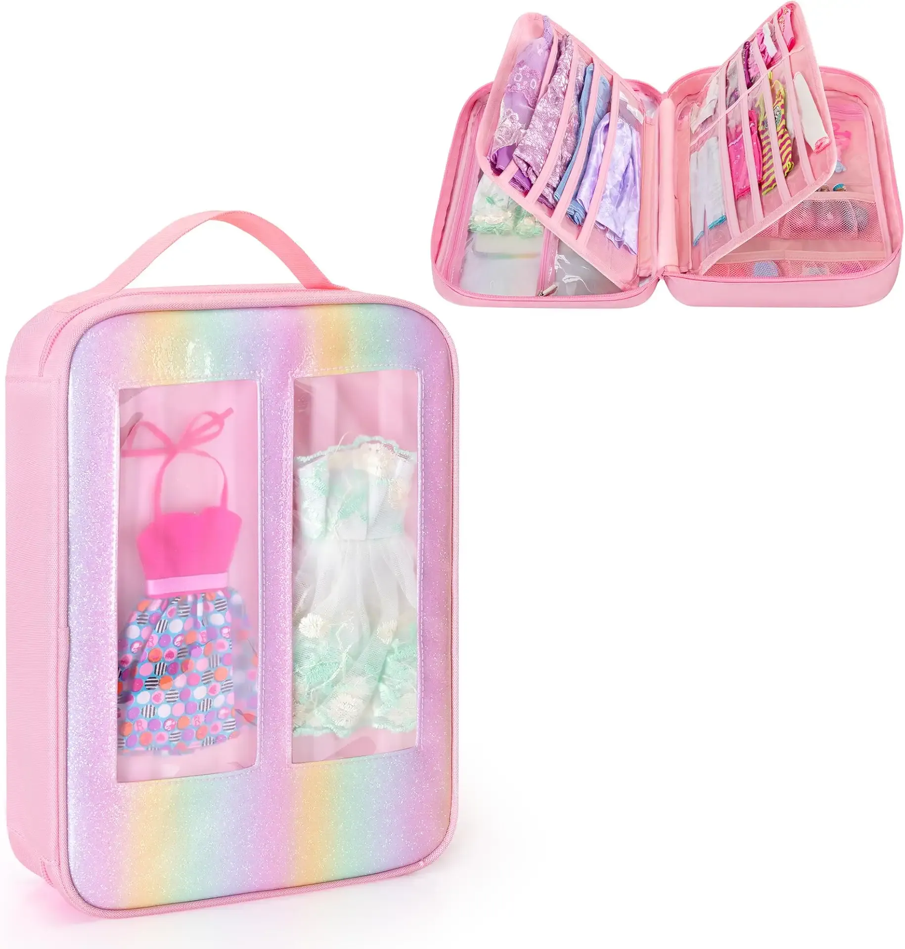 Carrying Case Compatible with Barbie Clothes, Doll Accessories Organizer Bag, 2 Front Transparent Windows, 2 Binders with Several Storage Pockets, Extra Pockets for Doll Stuff, Pink, Case Only