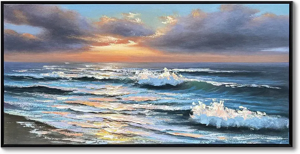 Eonzeun 24x48 Framed Hand Painted Textured Canvas Sunset Wave Oil Painting