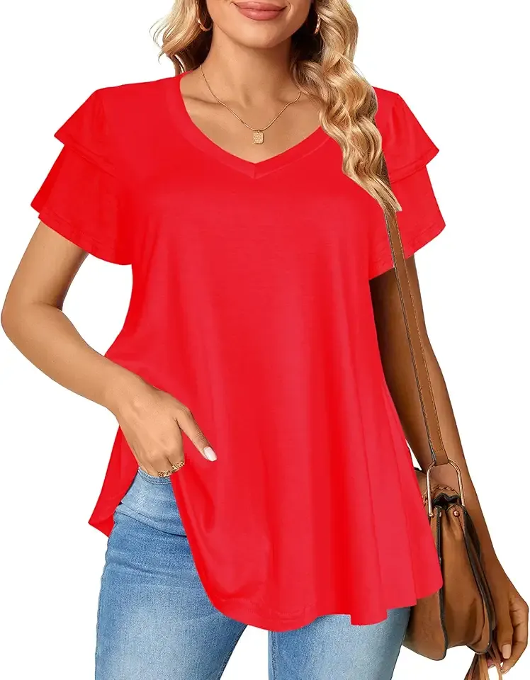 Womens Summer Tops Ruffle Short Sleeve V Neck T-Shirts Casual Loose Fit
