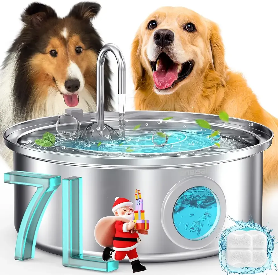 oneisall 7L/230oz Dog Water Fountain for Multi-pet Household,PWF002 | 25db Quiet Design,304 Stainless Steel,Contain 3 Set Filters,Visual Water,5-Layer Filtration,Fit for Living Room Kitchen