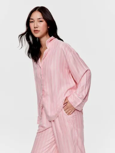 Dusty Pink Stripe Viscose Flannelette Boyfriend Long Sleeve Shirt