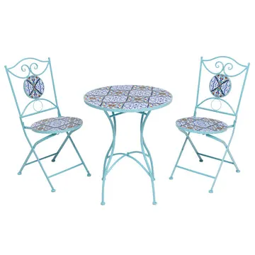 Set giardino Bistrot Tavolo rotondo 60 cm e 2 sedie richiudibili in metallo Celeste con Top in Ceramica Effetto Mosaico