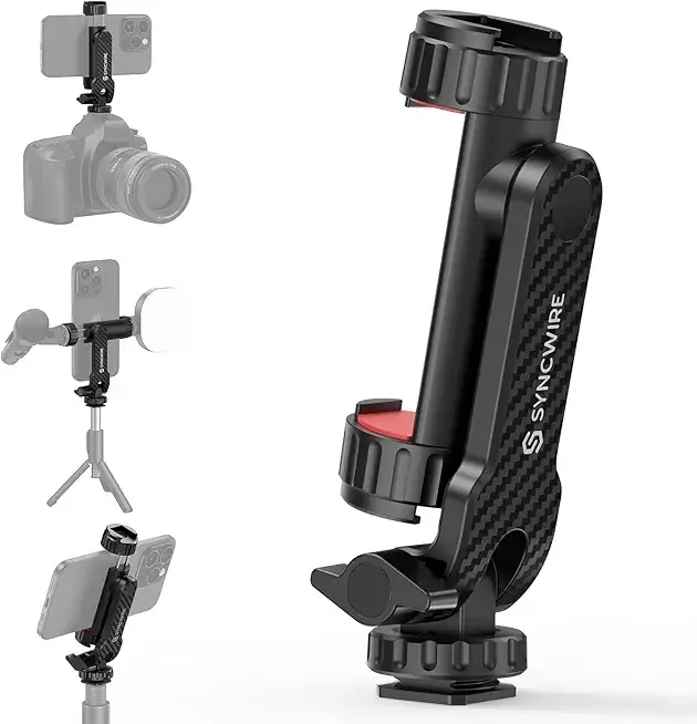 Tripod Phone Mount, Universal Smartphone Mount Adapter with 2 Cold Shoe and 1/4" Screw, 360° Rotates and 180° Tilts Adjustable Cell Phone Clamp Holder for Enhancing Mobile Photography Setup
