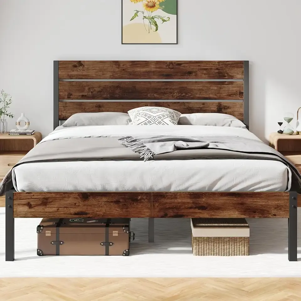 Queen Bed Frame with Headboard and Footboard, with Under Bed Storage, All-Metal Support System, No Box Spring Needed, Easy Assembly,Rustic Brown