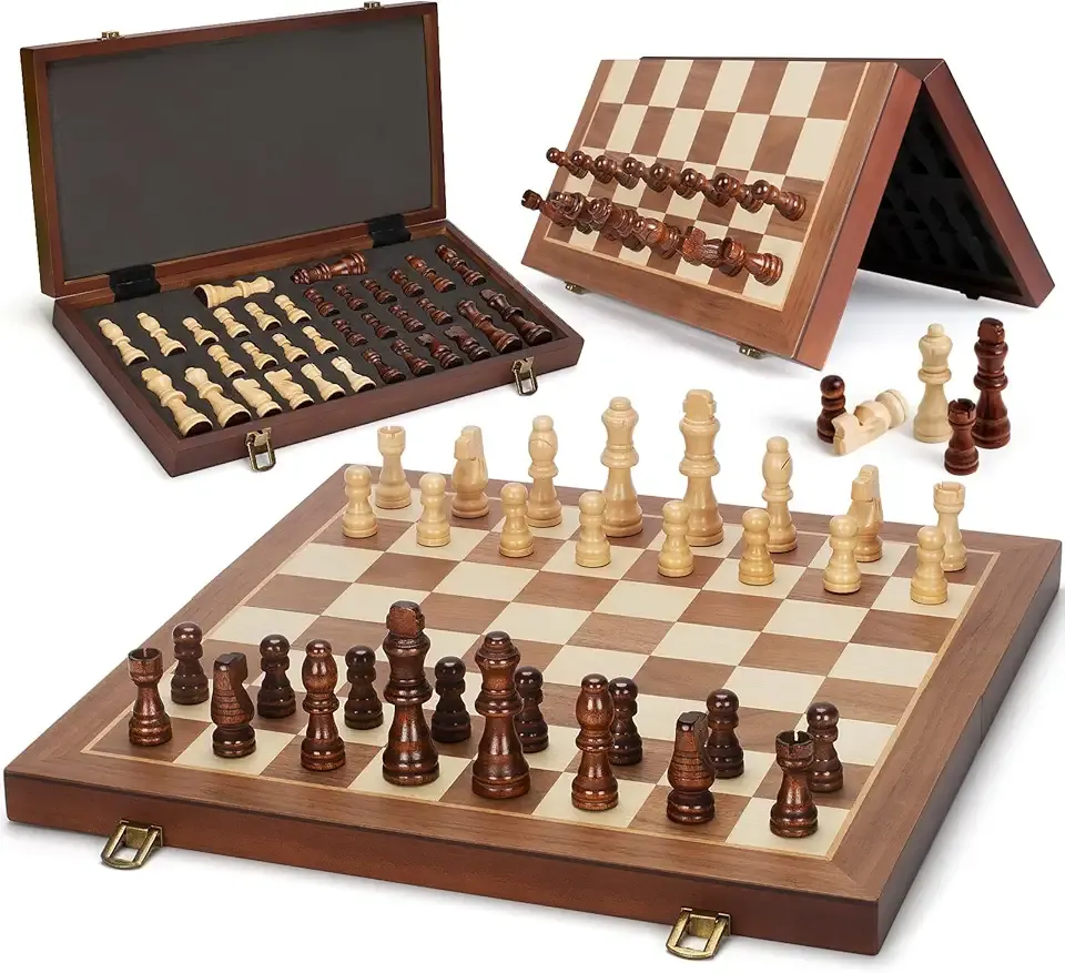 Magnetic Wooden Chess Set, 15" Folding Chess Board with 2 Extra Queens, Portable Travel Chess Set with Pieces Storage Slots, Beginner Chess Board Game for Adults & Kids