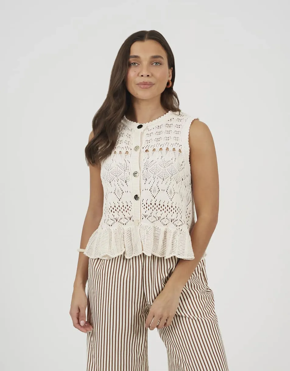 Brave Soul Pointelle knit waistcoat with frill hem in white