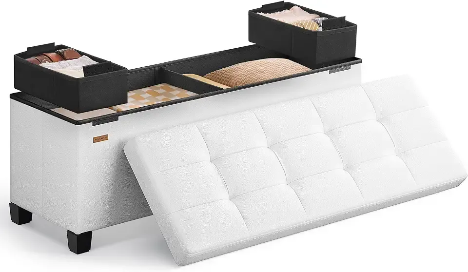 Storage Ottoman, Storage Bench with Legs, 15 x 43.3 x 15.7 Inches, Ottoman Bench, 30 Gal. (112 L), Synthetic Leather, for Living Room, Entryway, Cloud White ULSF0514W02