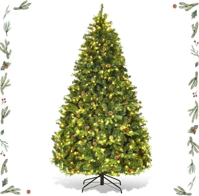 Árbol de Navidad artificial de 240 cm con luces, 81 piñas, 600 LED blanco cálido, hojas de PVC y PE ignífugas, 1335 ramas, color verde
