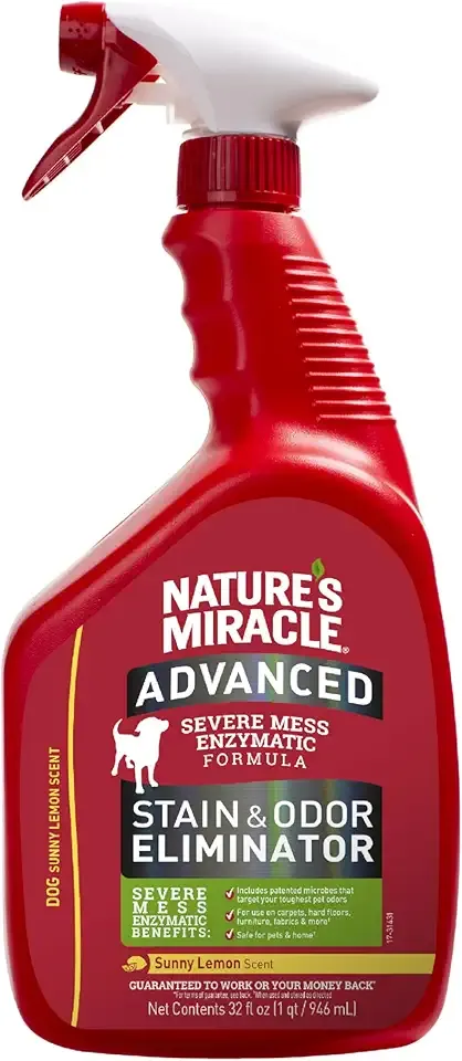 Nature’s Miracle Advanced Stain & Odor Eliminator, 32 Ounces, Sunny Lemon Scent, Severe Mess Enzymatic Formula For Tough Pet Messes
