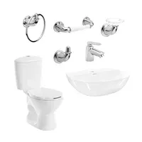 Combo Manantial : Sanitario Manantial Redondo Blanco De 2 Piezas + Lavamanos Manantial Sin Pedestal + Grifería Nogal 4 Pulgadas + Kit Accesorios Nogal Cromados 4 Piezas Corona