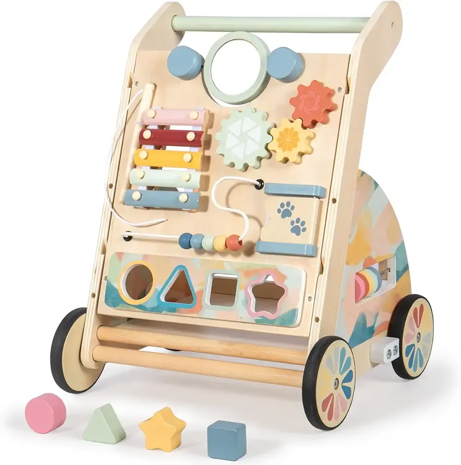 LOL-FUN Wooden Baby Walker with Detachable Busy Board, Push Walker for Baby with Adjustable Speed Wheels, Activity Learning Walker for Boys Girls 12 Months