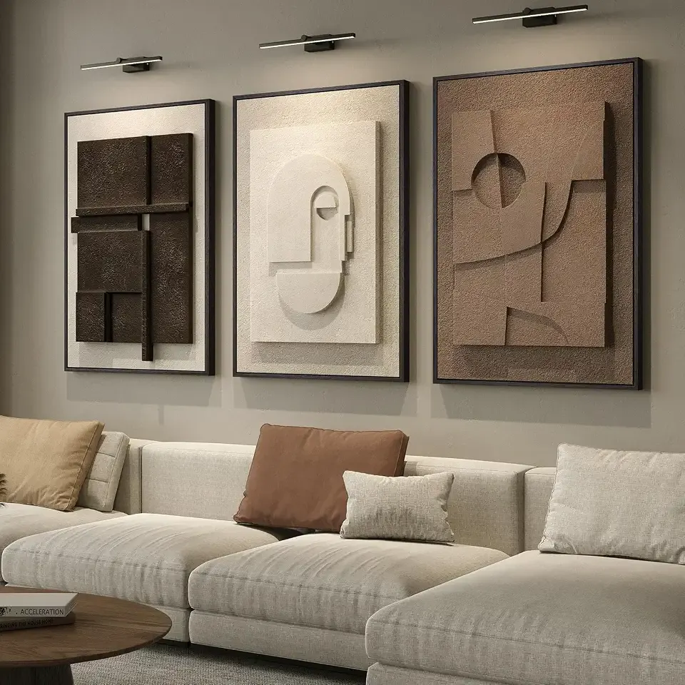 Framed Abstract 3D Textured Wall Art for Living Room, 3 Piece Modern Neutral Artwork for Walls, Brown White Geometric Sandstone Textured Painting for Bedroom, Home Office Decor-Total Size 30x60 Inch