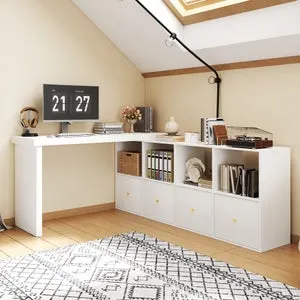 Escritorio esquinero giratorio 360° con 4 compartimentos y 4 cajones - 120 x 48 x 78 cm + 140 x 35 x 73,5 cm - MDF - Blanco