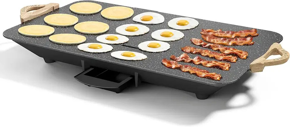 BBQ Masters 12x20 Inch Electric Griddle – 1700W Quick & Even Heating, ILAG Granite Nonstick Coating, Sloped Surface & Frameless Design for Effortless Cleaning, Perfect for Family Meals, Granite Black